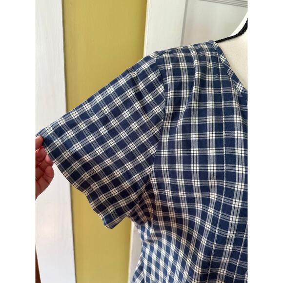 vintage L.L. Bean 100% Cotton Blue Plaid Button Front Cottagecore Dress Petite - Picture 4 of 15